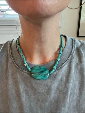 Turquoise Bead Necklace with Oval Stone Pendant SS clasp